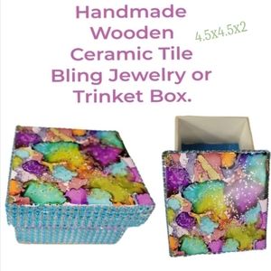 Handmade wood & ceramic tile jewelry box w lining +cork base